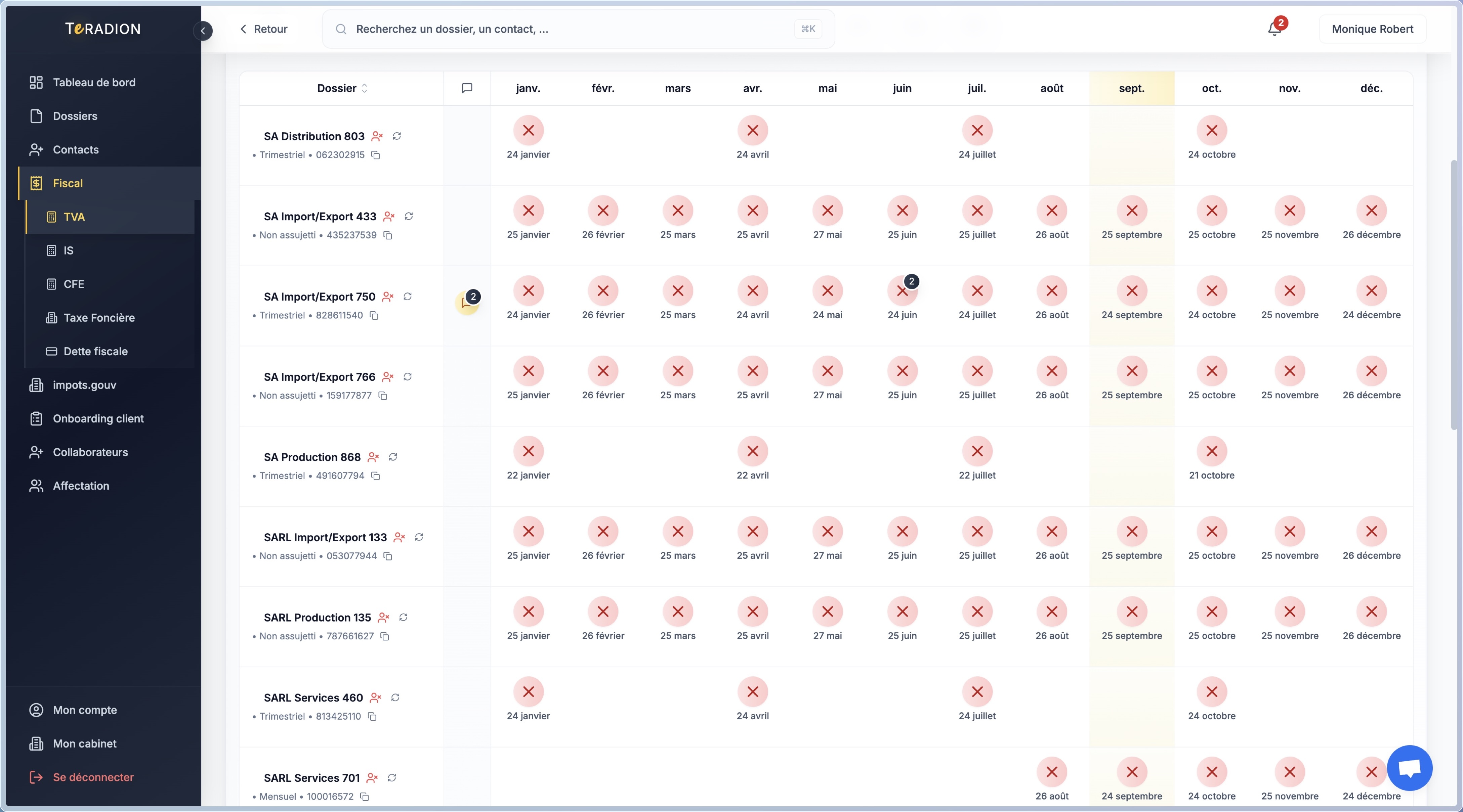 Interface de gestion fiscale automatisée - Vue principale
