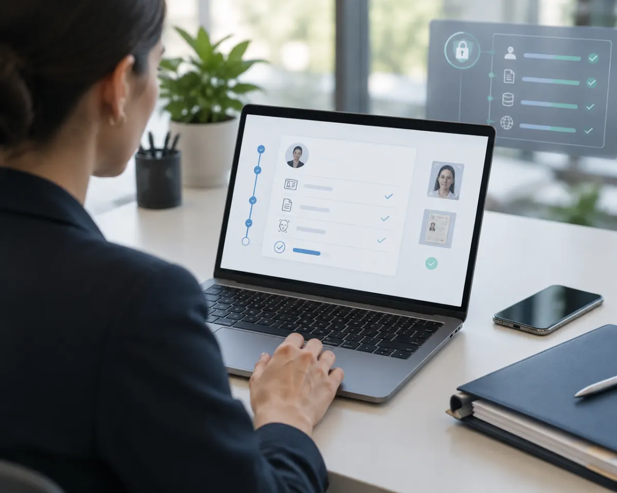 Collaboratrice de cabinet vérifiant sur son ordinateur les étapes d'identification d'un nouveau client