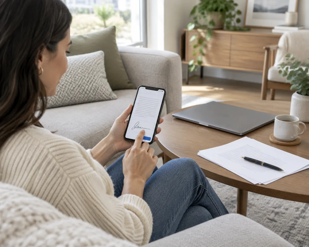 Cliente signant sa lettre de mission sur son smartphone depuis son salon