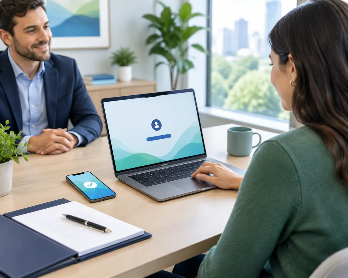 Expert-comptable et sa nouvelle cliente devant le portail client activé dès la signature